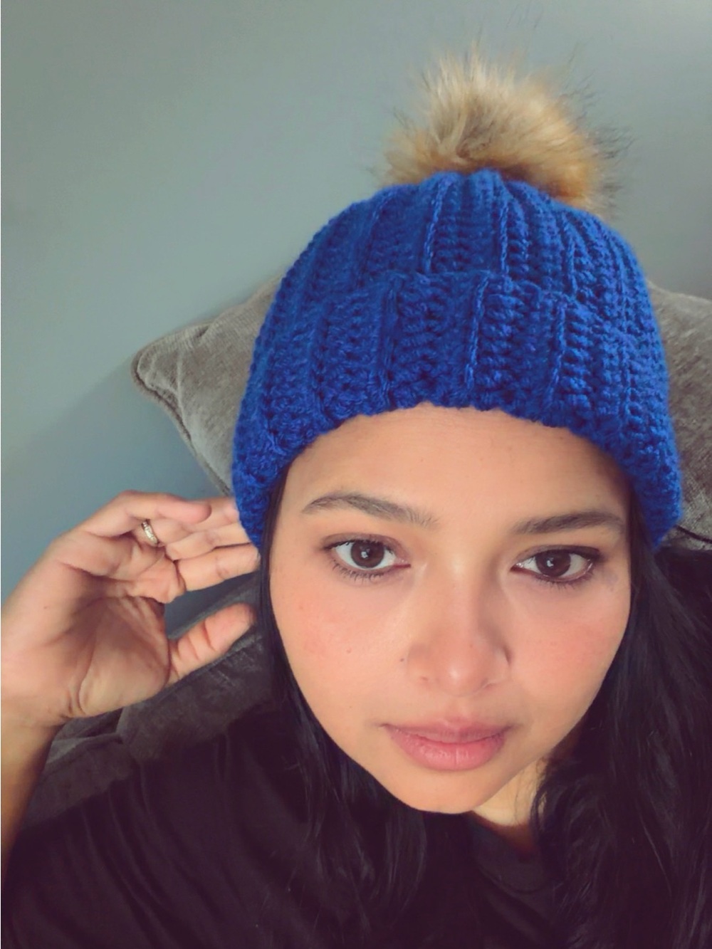 Blue Crochet Pom Beanie Hat
